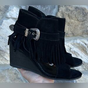 Naughty Monkey Western Wedge Heels Size 9 Black Leather Fringe Cowgirl Concert